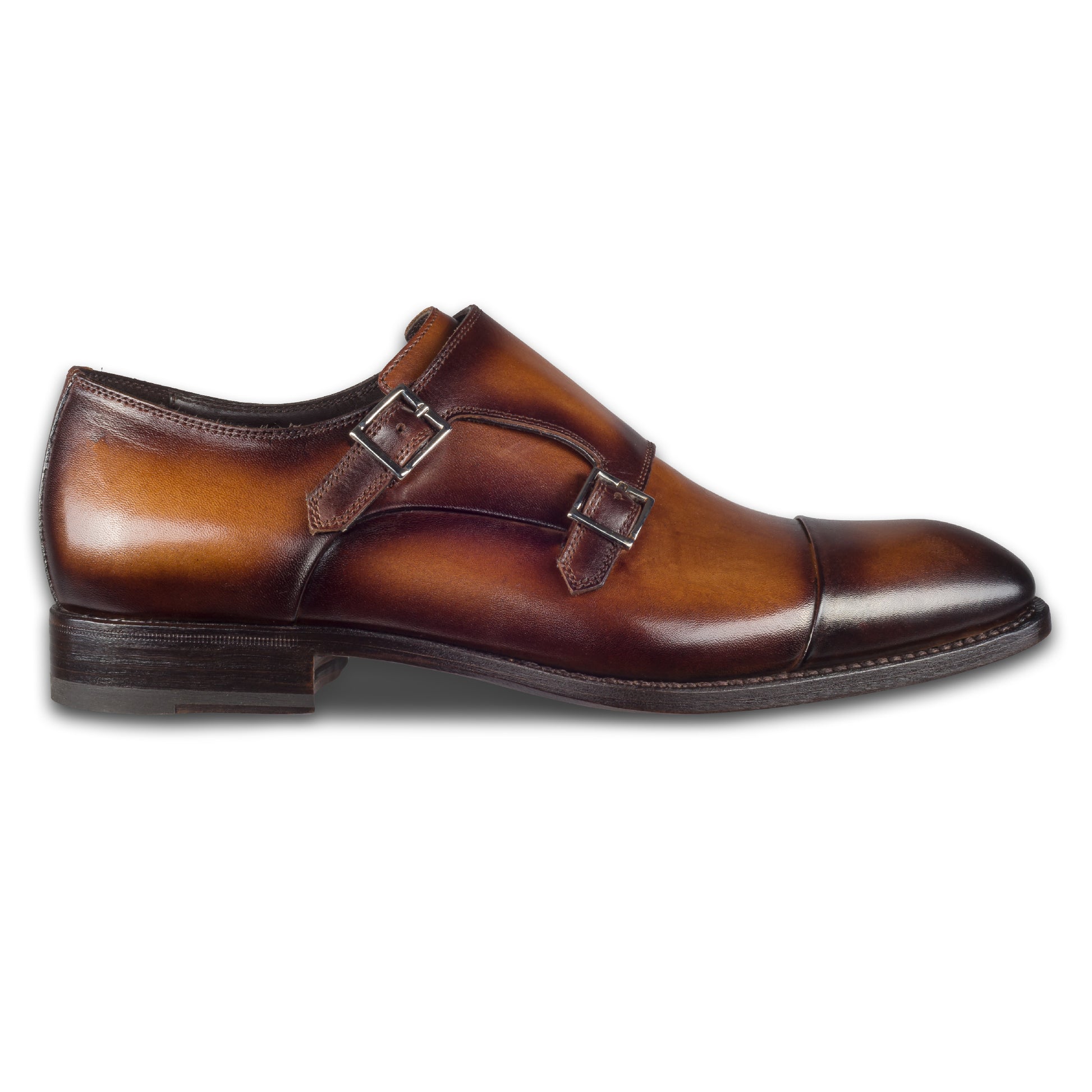 HARRIS Herren Double Monk braun, Herrenschuhe aus Kalbsleder mit Patina, handgefärbt und durchgenäht. Ansicht Außenseite rechter Schuh.