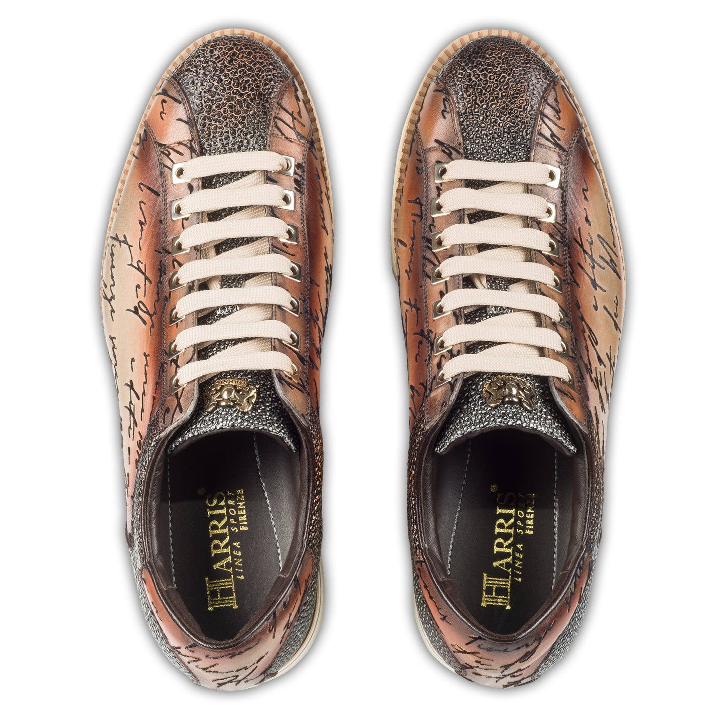 Harris Herren Sneaker / Schnür-Halbschuhe, braun mit Handscripting und Echsen-Print. Made in Italy. Paarweise Draufsicht von oben