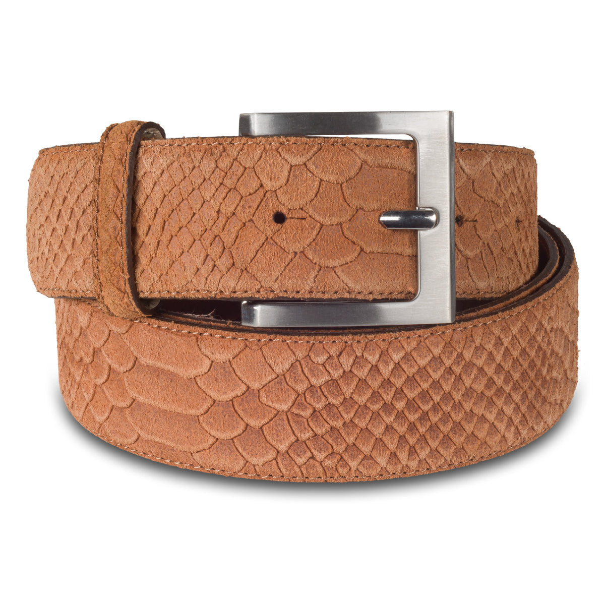 Ledergürtel cognak braun aus Velourlseder (Wildleder) in originalgetreuer Reptiloptik mit hochwertiger Naht. Schließe silber mattiert, Breite 4 cm. Länge kürzbar
