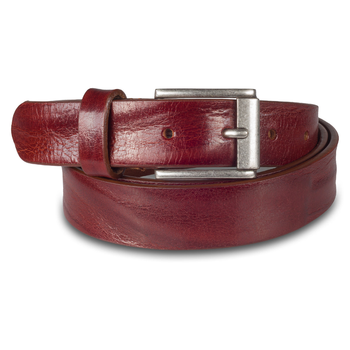 Jeans-Gürtel aus rot-braunem Vollrind-Leder mit Faltenoptik. 2,9 cm breit. Dornschließe in silber mattiert