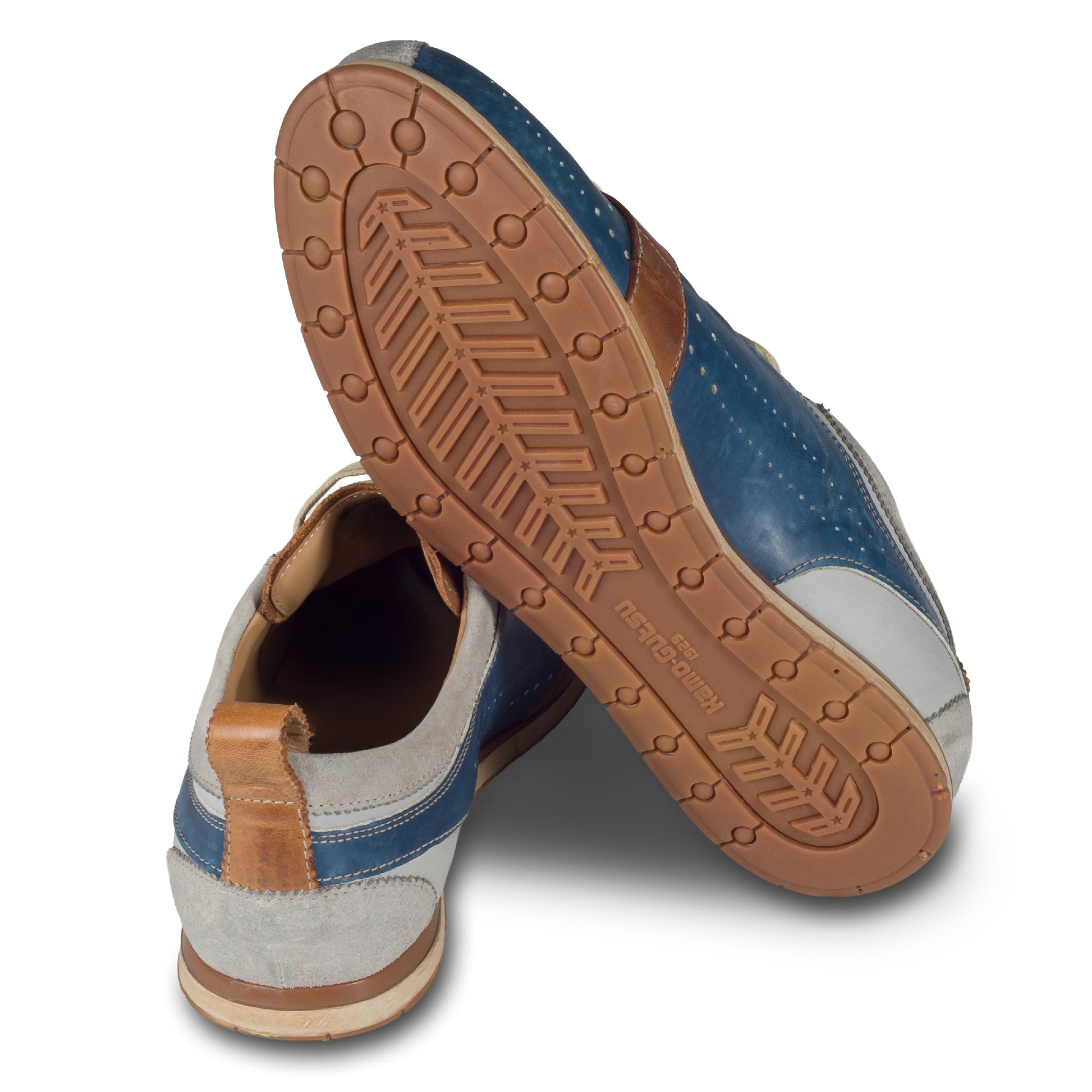 KAMO-GUTSU Herren Leder Sneaker, blau / grau, Modell TIFO017 ash-royal. Ansicht Sohlenunterseite und Ferse