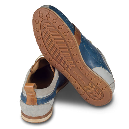 KAMO-GUTSU Herren Leder Sneaker, blau / grau, Modell TIFO017 ash-royal. Ansicht Sohlenunterseite und Ferse