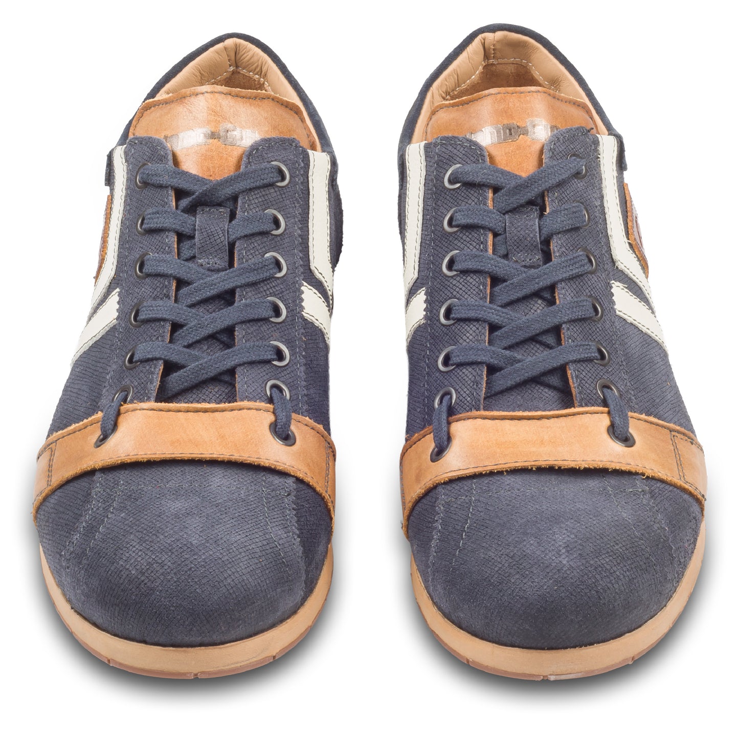 Kamo-Gutsu Sneaker Herren in blau mit braun und weiß (TIFO-030 cancun deep blue). Aus Kalbsleder / Wildleder stonewashed. Handgefertigt Made in Italy. Paarweise Ansicht von vorne.