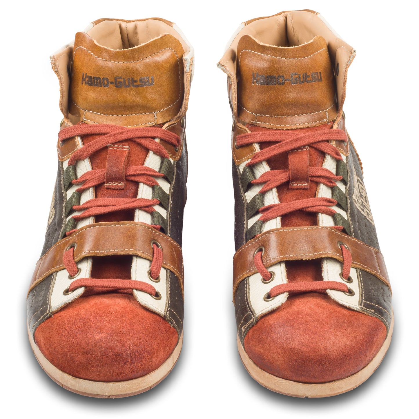 Kamo-Gutsu Sneaker-Stiefel Herren in orange mit braun (TIFO-105 mattone wood). Aus Kalbsleder stonewashed. Handgefertigt Made in Italy. Paarweise Ansicht von vorne.