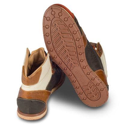 Kamo-Gutsu Sneaker-Stiefel Herren in orange mit braun (TIFO-105 mattone wood). Aus Kalbsleder stonewashed. Handgefertigt Made in Italy. Ansicht Ferse und Sohlenunterseite.