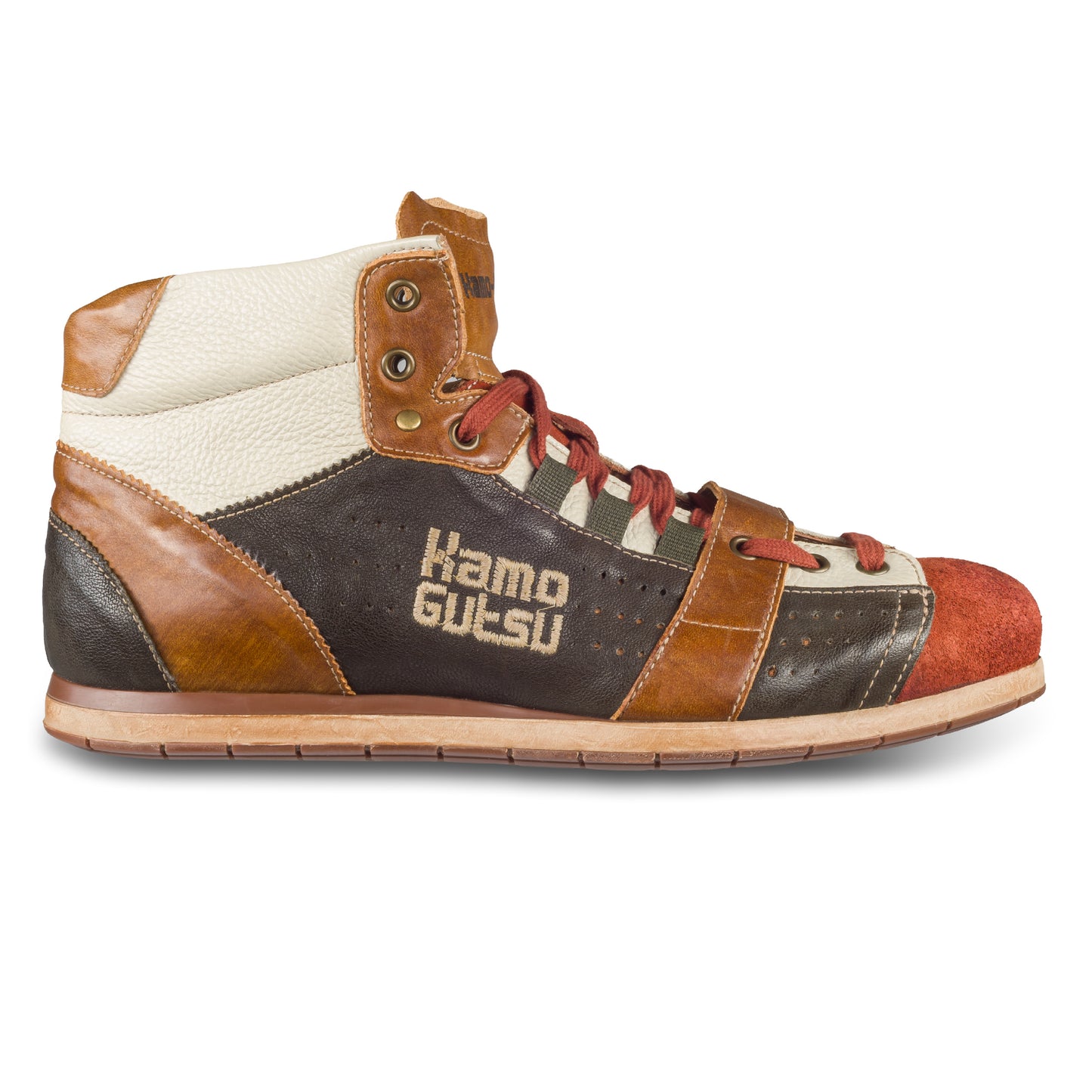 Kamo-Gutsu Sneaker-Stiefel Herren in orange mit braun (TIFO-105 mattone wood). Aus Kalbsleder stonewashed. Handgefertigt Made in Italy. Ansicht Außenseite rechter Schuh.