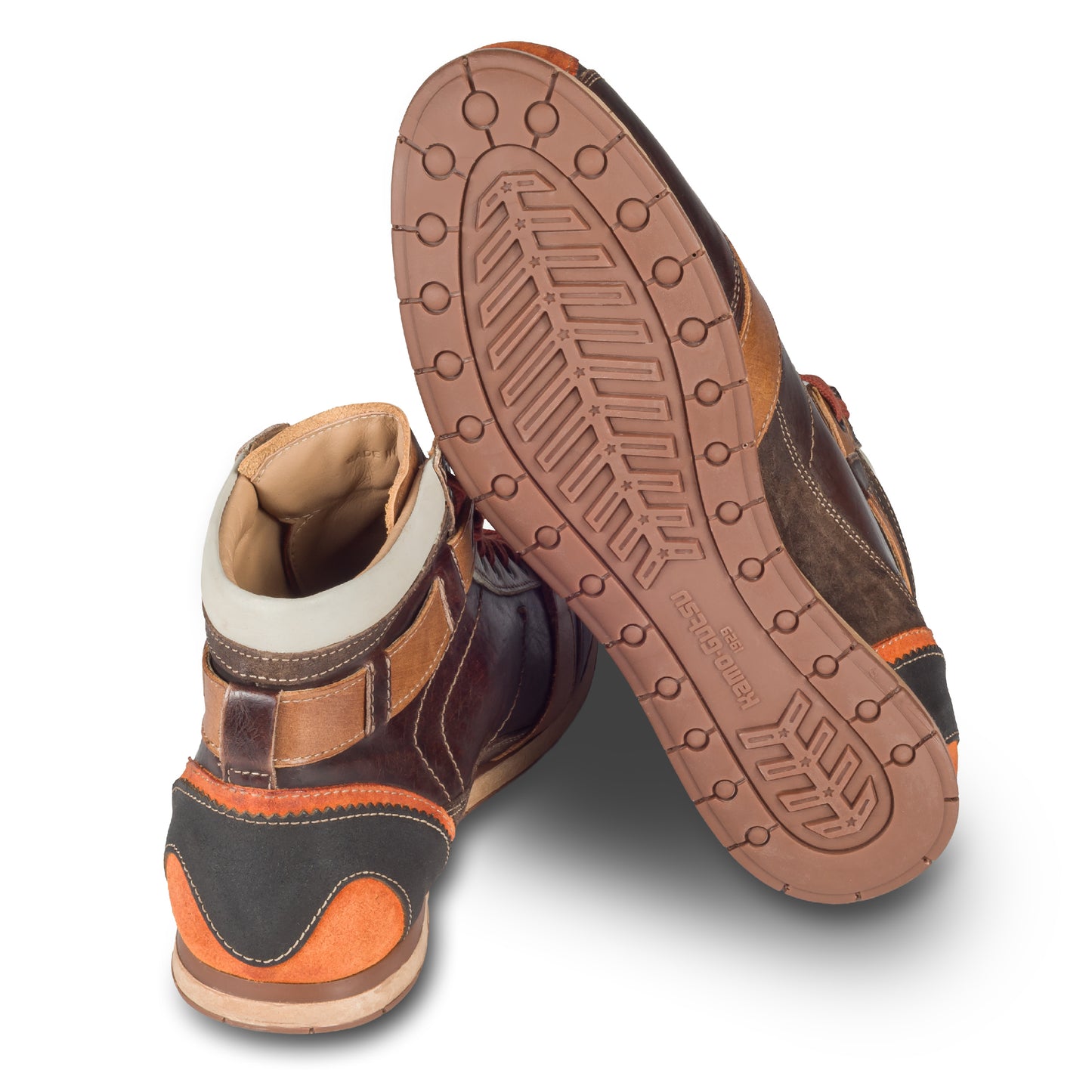 Kamo-Gutsu Sneaker-Stiefel Herren in braun mit orange  (TIFO-112 arancio caffe). Aus Kalbsleder stonewashed. Handgefertigt Made in Italy. Ansicht Ferse und Sohle
