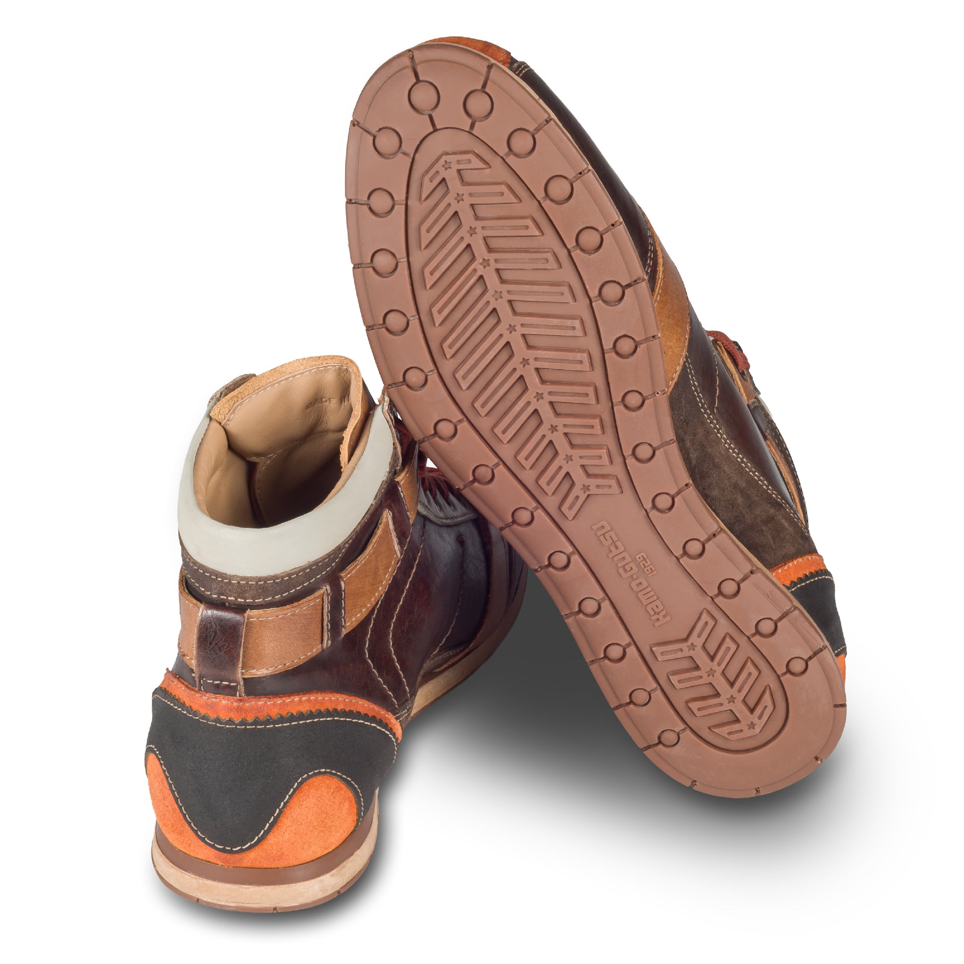 Kamo-Gutsu Sneaker-Stiefel Herren in braun mit orange  (TIFO-112 arancio caffe). Aus Kalbsleder stonewashed. Handgefertigt Made in Italy. Ansicht Ferse und Sohle