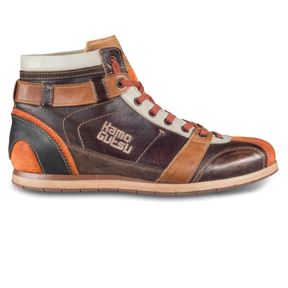 Kamo-Gutsu Sneaker-Stiefel Herren in braun mit orange  (TIFO-112 arancio caffe). Aus Kalbsleder stonewashed. Handgefertigt Made in Italy. Ansicht Außenseite rechter Schuh