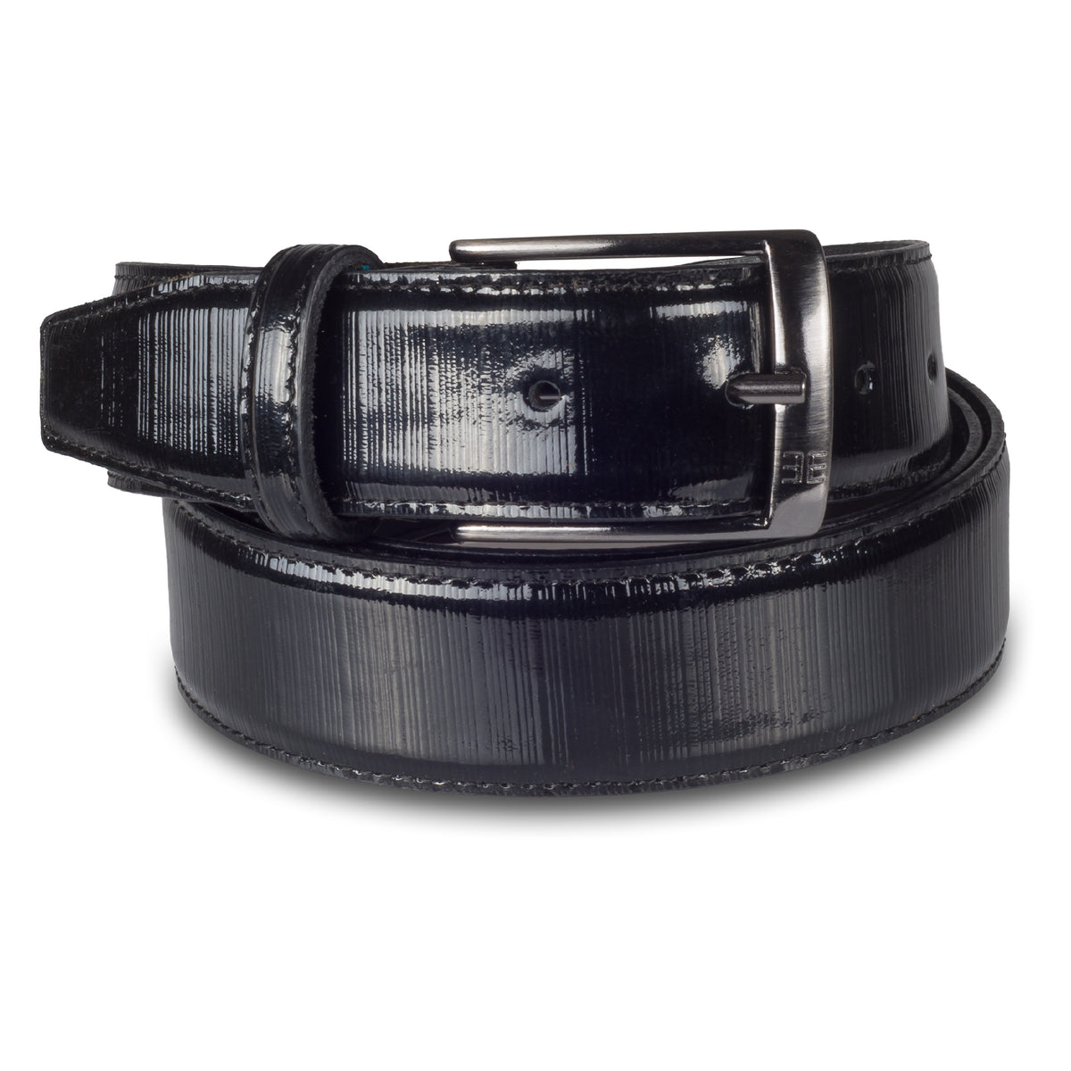 Herren Anzuggürtel aus Lack-Leder mit Strukturprägung (Querreillen) in schwarz, 3,3 cm breit. Dunkelsilberne Dornschließe.