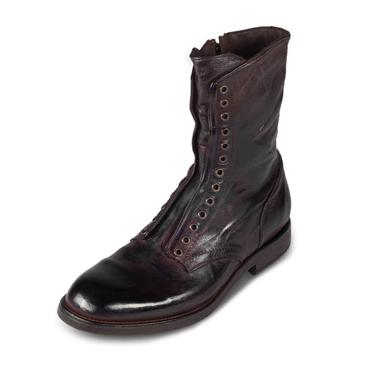 LEMARGO Herren Stiefel in dunkelbraun / ebano aus Kalbsleder im stone-washed-Verfahren. Mit Reißverschluß und Schnürsenkel-Ösen. Handgefertigt und Durchgenäht. Schräge Ansicht linker Schuh.