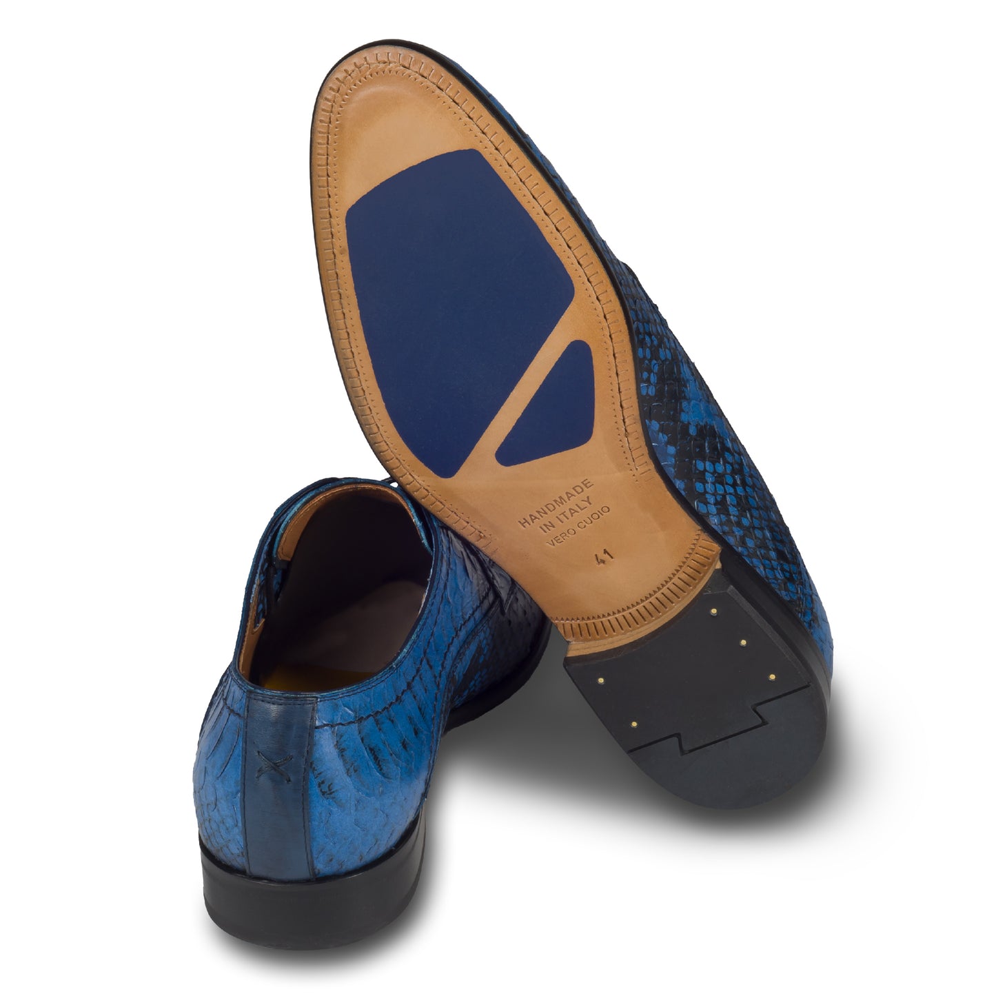 LORENZI Herren Halbschuhe blau, Kalbsleder in Schlangenoptik. Handgefertigt und durchgenäht in Italien. Ansicht der Ferse und Sohlenunterseite.