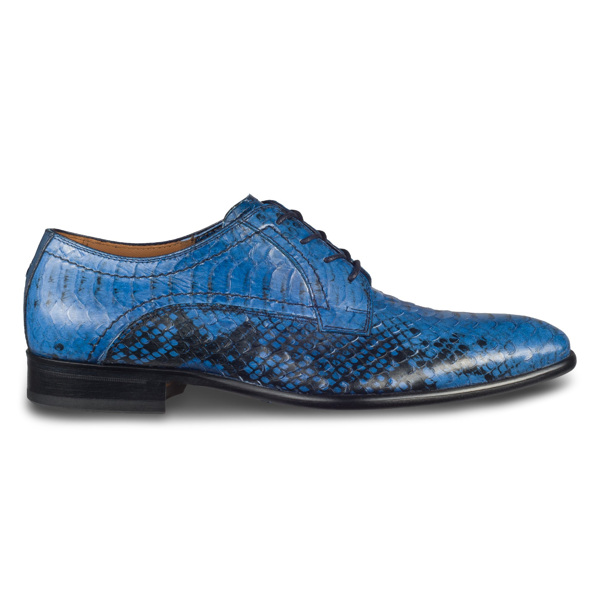 LORENZI Herren Halbschuhe blau, Kalbsleder in Schlangenoptik. Handgefertigt und durchgenäht in Italien. Ansicht der Außenseite rechter Schuh. 