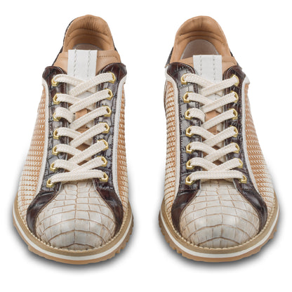 LORENZI Sneaker Herren beige/braun Kalbsleder - Prägung & Schlangen-Optik, handgefertigt. Ansicht paarweise von vorne