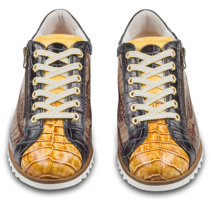 LORENZI Herren Sneaker in gelb/schwarz/braun aus Kalbsleder mit Reptilprägung und Reißverschluß. Handgefertigt in Italien. Paarweise Ansicht vorne