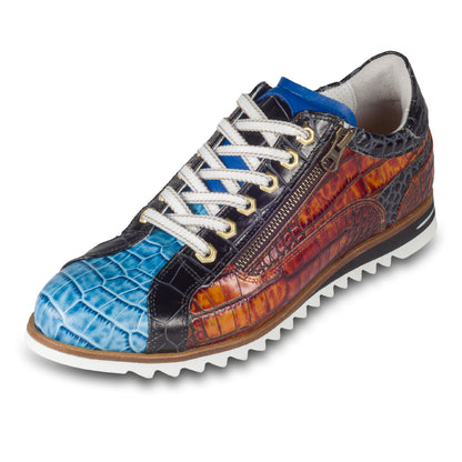 Lorenzi - Herren Leder-Sneaker in blau / braun / schwarz. Aus Kalbsleder mit Kroko-Prägung und Reißverschluß. Handgefertigt in Italien. Ansicht linker Schuh schräg