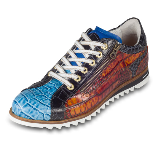 Lorenzi - Herren Leder-Sneaker in blau / braun / schwarz. Aus Kalbsleder mit Kroko-Prägung und Reißverschluß. Handgefertigt in Italien. Ansicht linker Schuh schräg