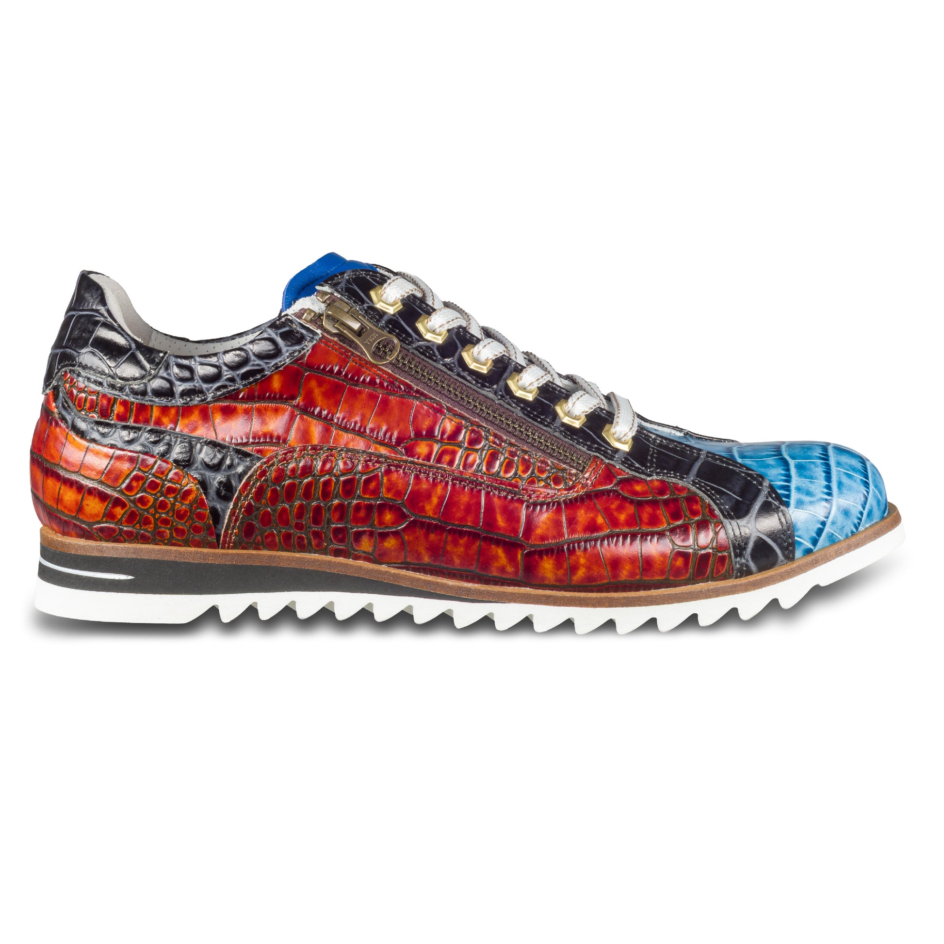 Lorenzi - Herren Leder-Sneaker in blau / braun / schwarz. Aus Kalbsleder mit Kroko-Prägung und Reißverschluß. Handgefertigt in Italien. Ansicht Außenseite rechter Schuh