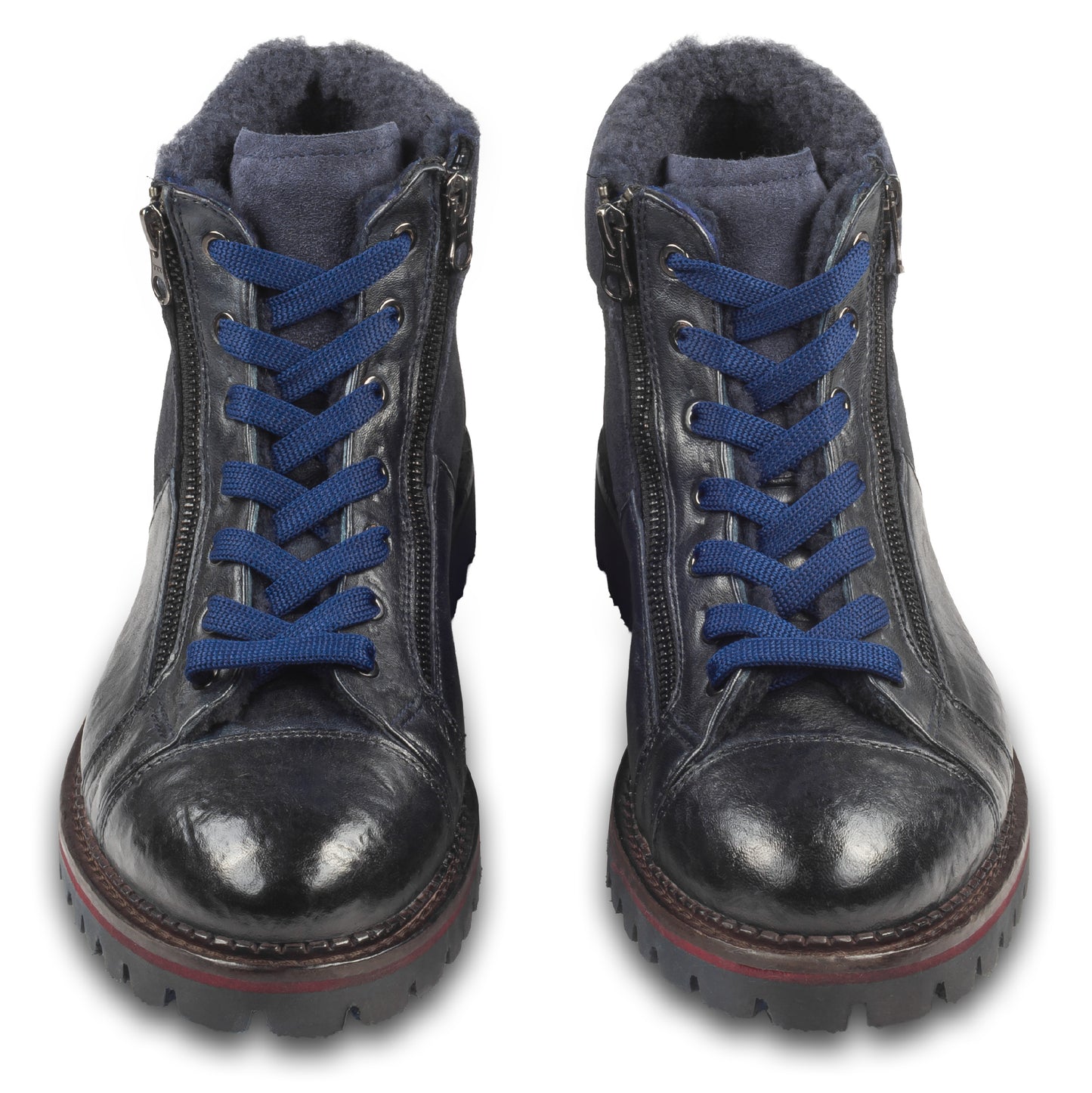 LORENZI Winterstiefelette Herren mit Lammfell & Reißverschluß, blaues Kalbsleder mit Wildleder. Handgefertigt / durchgenäht in Italien. Paarweise Ansicht von vorne