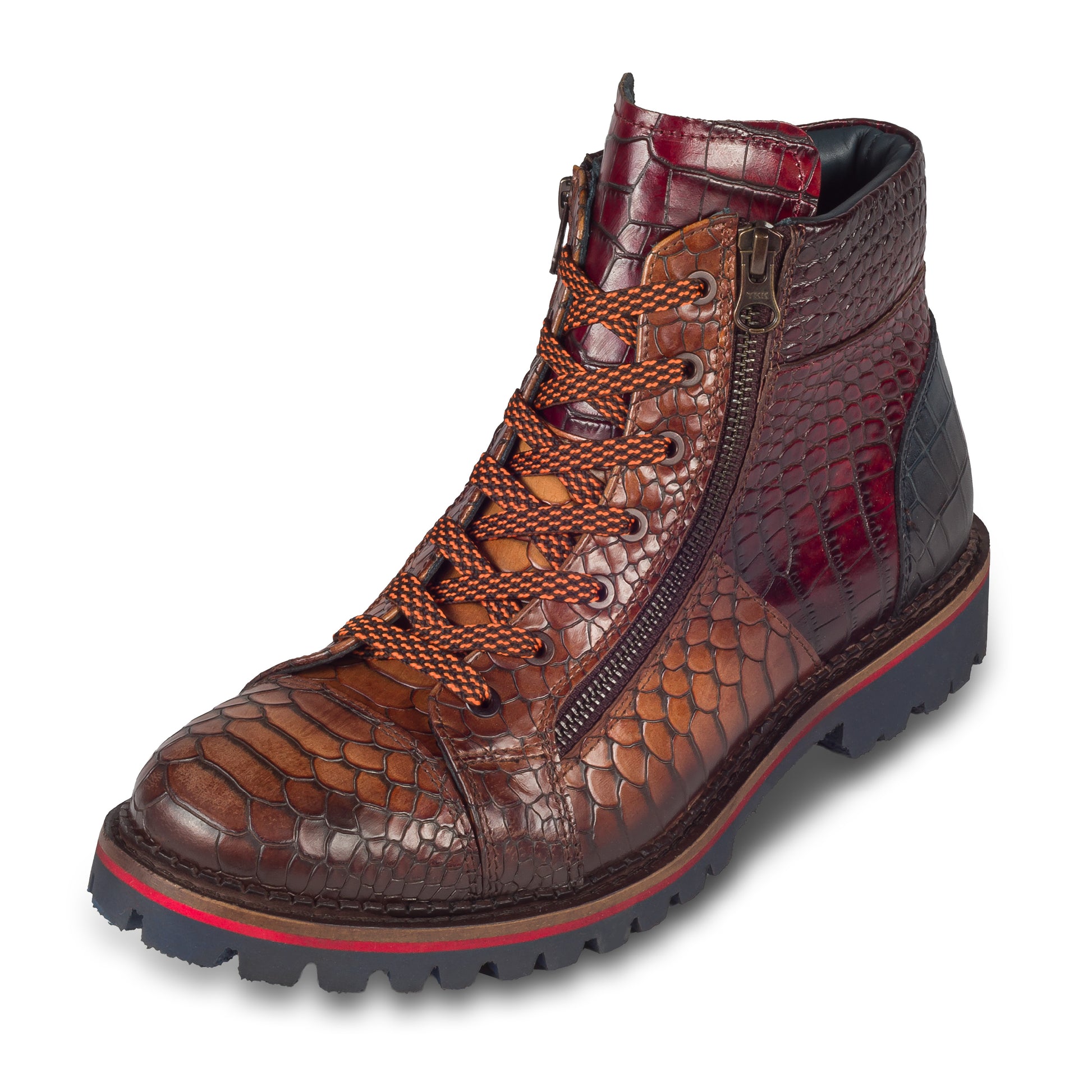 LORENZI Schnürstiefelette Herren mit Reißverschluß braun, Kalbsleder mit Krokoprägung. Handgefertigt / durchgenäht in Italien. Schräge Ansicht linker Schuh