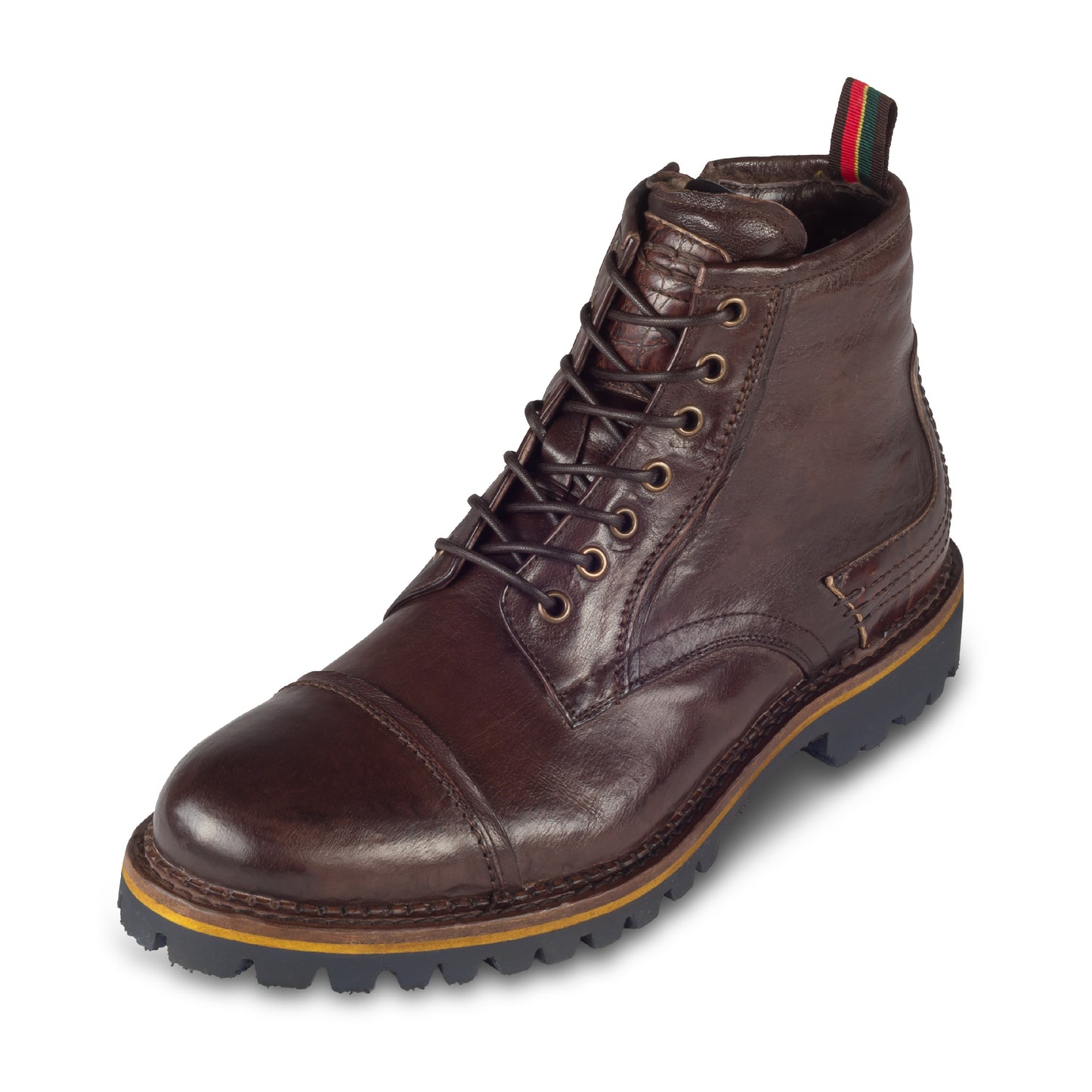 LORENZI Winterstiefelette Herren mit Lammfell & Reißverschluß, dunkelbraun, gewaschenes Kalbsleder. Handgefertigt / durchgenäht in Italien. Schräge Ansicht linker Schuh