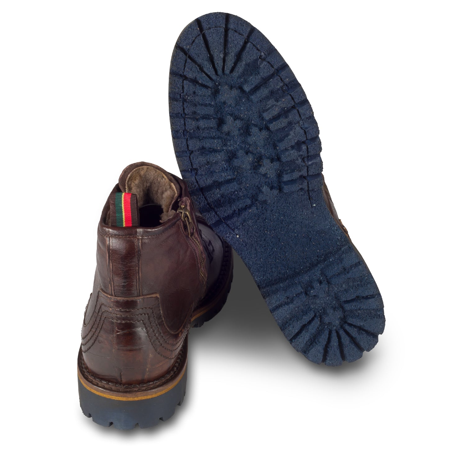 LORENZI Winterstiefelette Herren mit Lammfell & Reißverschluß, dunkelbraun, gewaschenes Kalbsleder. Handgefertigt / durchgenäht in Italien. Ansicht Ferse und Sohlenunterseite