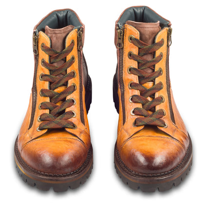 LORENZI Schnürstiefelette Herren mit Reißverschluß in mehreren Braun-Tönen. Kalbsleder stone-washed. Handgefertigt / durchgenäht in Italien. Paarweise Ansicht von vorne