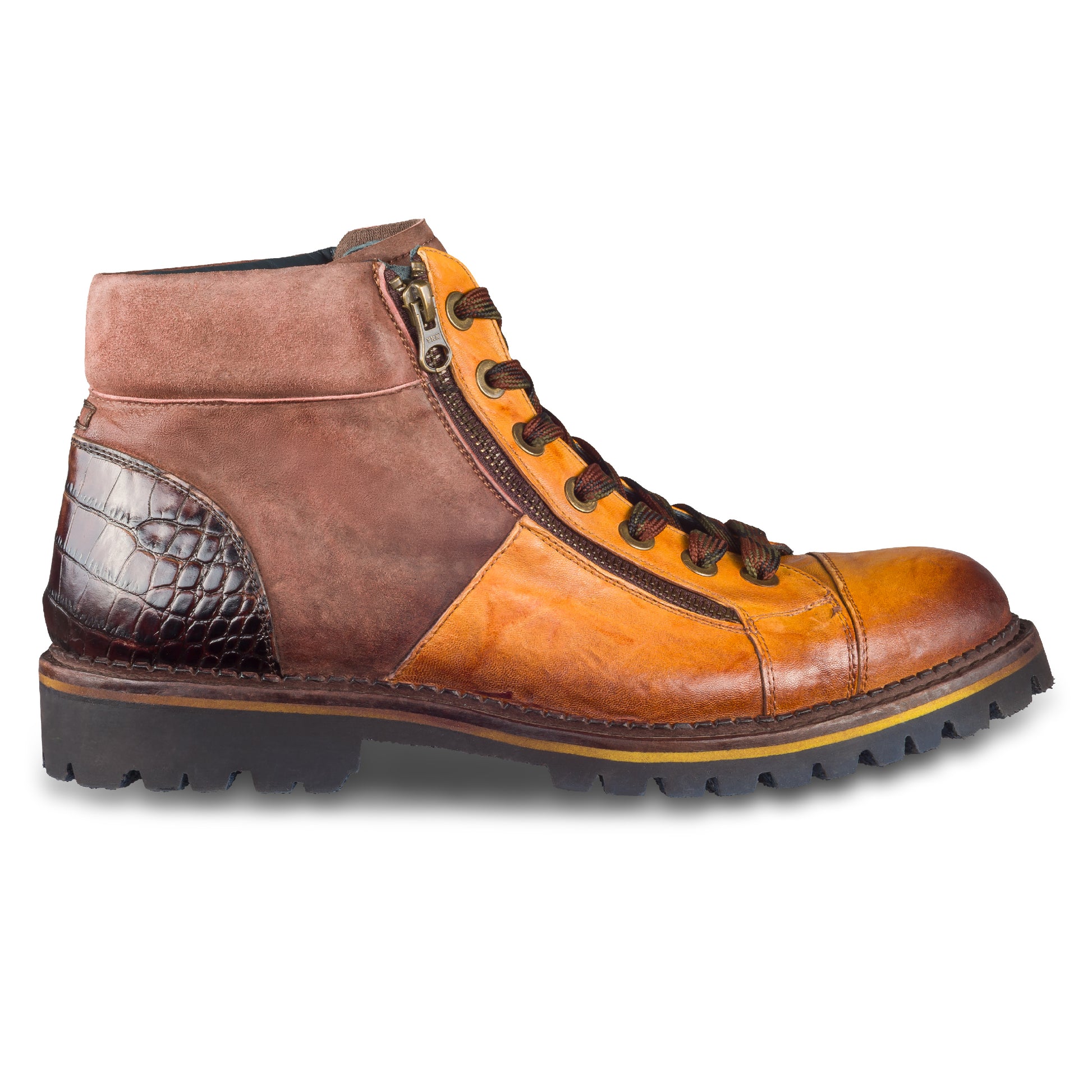 LORENZI Schnürstiefelette Herren mit Reißverschluß in mehreren Braun-Tönen. Kalbsleder stone-washed. Handgefertigt / durchgenäht in Italien. Ansicht Außenseite rechter Schuh