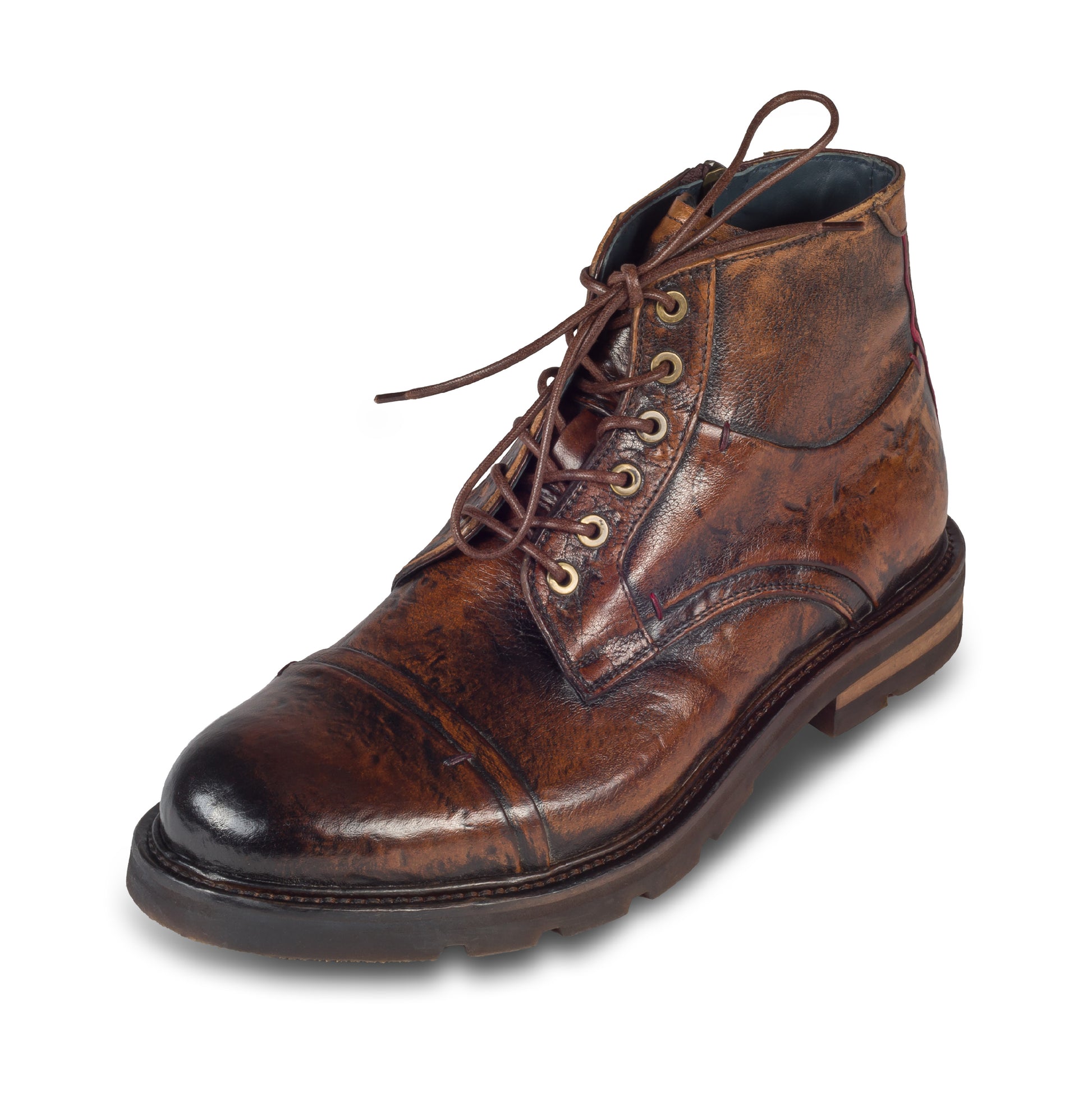 LORENZI Schnürstiefelette Herren mit Reißverschluß, braun - Kalbsleder im Vintage-Look. Handgefertigt / durchgenäht in Italien. Schräge Ansicht linker Schuh - braune Schnürsenkel