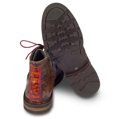 LORENZI Schnürstiefelette Herren mit Reißverschluß, braun - Kalbsleder im Vintage-Look. Handgefertigt / durchgenäht in Italien. Ansicht Sohle und Fersenunterseite