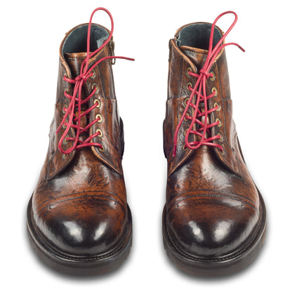 LORENZI Schnürstiefelette Herren mit Reißverschluß, braun - Kalbsleder im Vintage-Look. Handgefertigt / durchgenäht in Italien. Paarweise Ansicht von vorne