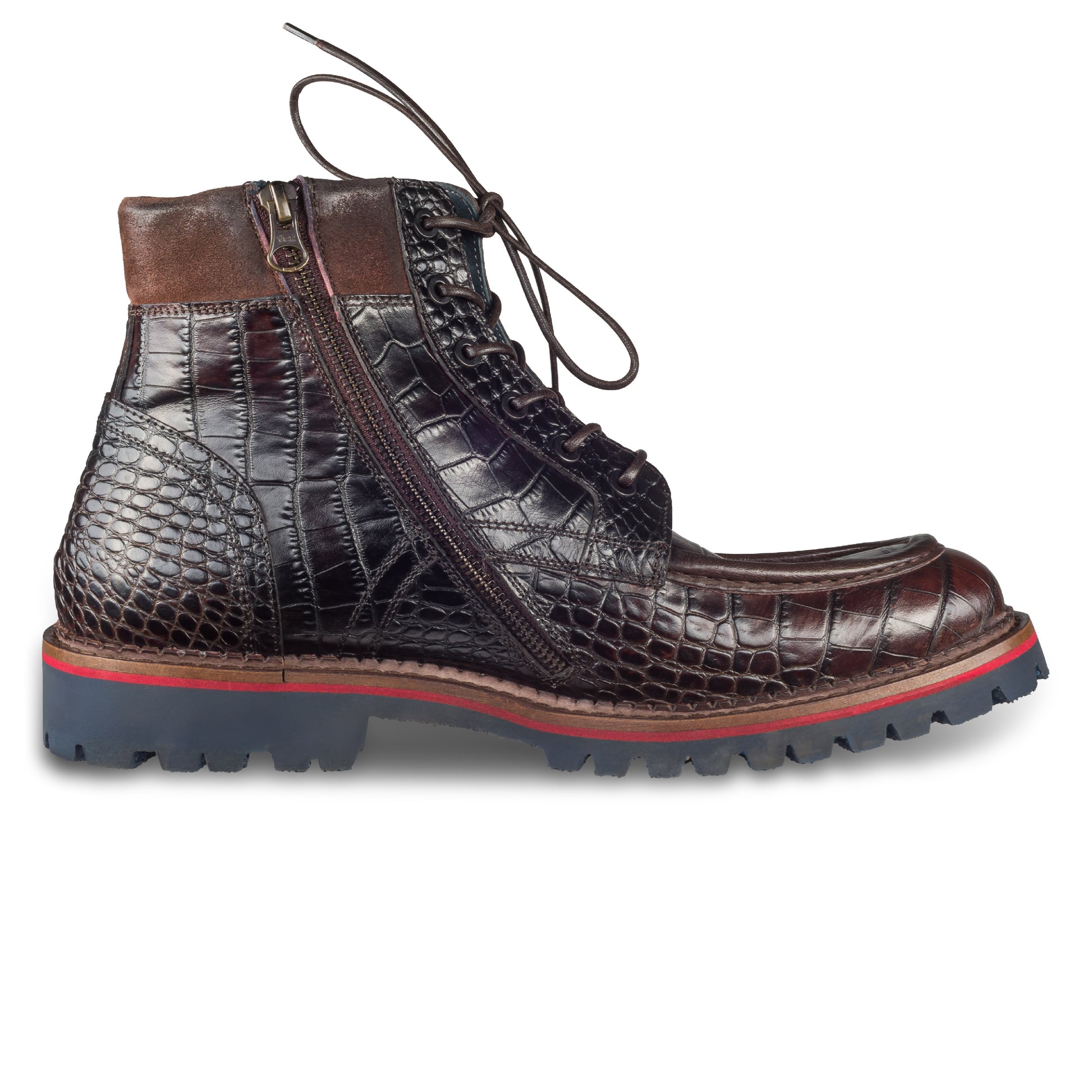 LORENZI Schnürstiefelette Herren mit Reißverschluß und Ziernaht, dunkel braun, Kalbsleder. Handgefertigt / durchgenäht in Italien. Ansicht Innenseite linker Schuh