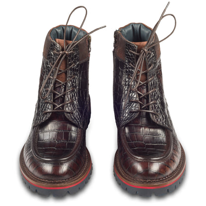 LORENZI Schnürstiefelette Herren mit Reißverschluß und Ziernaht, dunkel braun, Kalbsleder. Handgefertigt / durchgenäht in Italien. Paarweise Ansicht von vorne