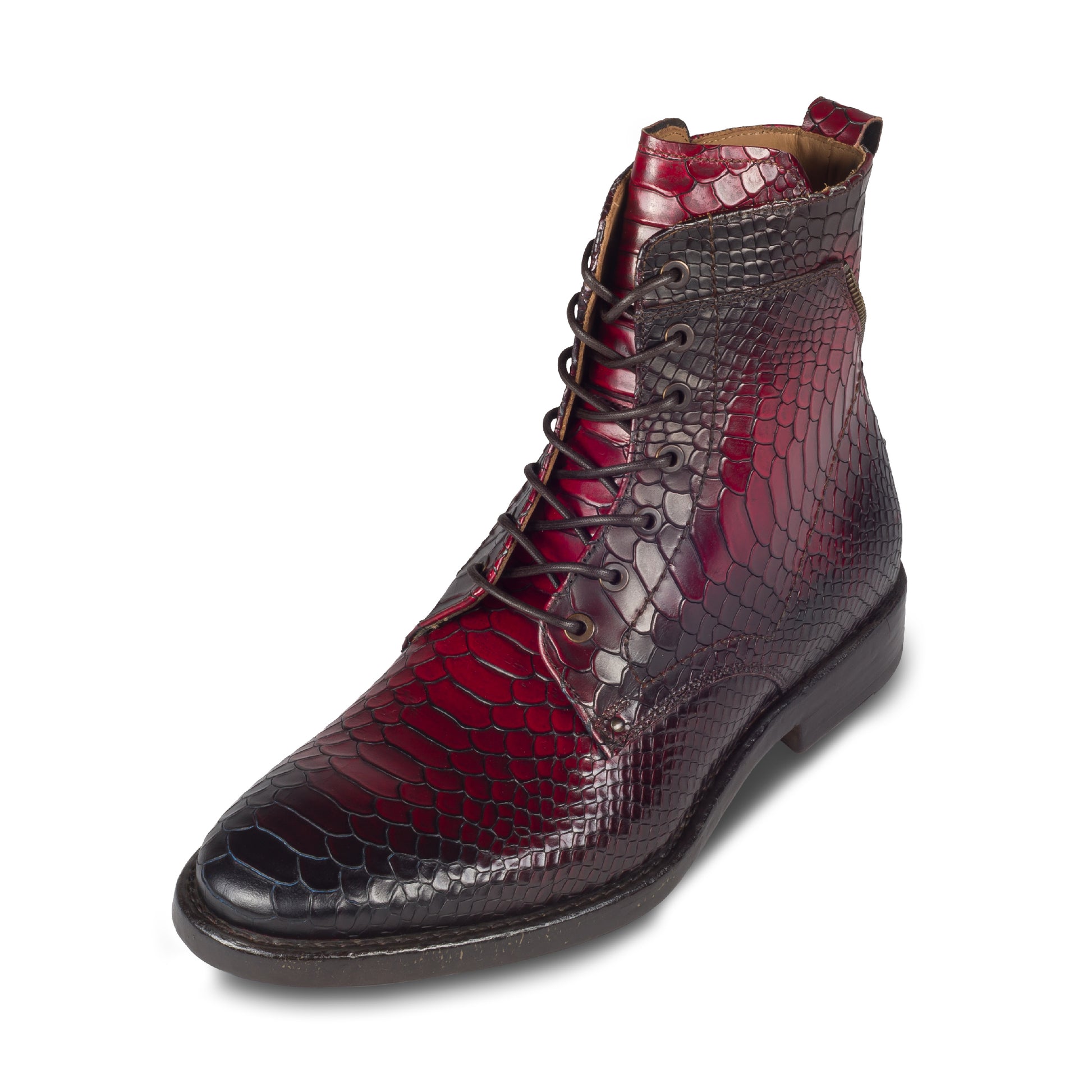 LORENZI Italienische Herren Leder-Schnürstiefel in rot/schwarz. Mit Krokoprägung und Reißverschluß, handgefertigt. Ansicht linker Schuh schräg