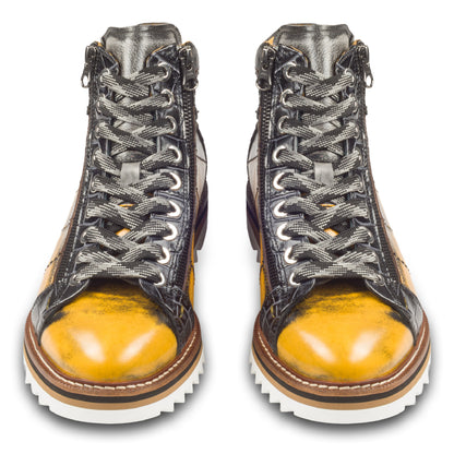 LORENZI Sneaker Stiefel Herren gelb/schwarz. Kalbsleder im used-look. Mit Reißverschluß. Handgefertigt / durchgenäht in Italien. Paarweise Ansicht von vorne