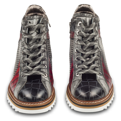LORENZI Sneaker Stiefel Herren grau/rot/schwarz. Kalbsleder mit Krokoprägung. Mit Reißverschluß. Handgefertigt / durchgenäht in Italien. Paarweise Ansicht von vorne