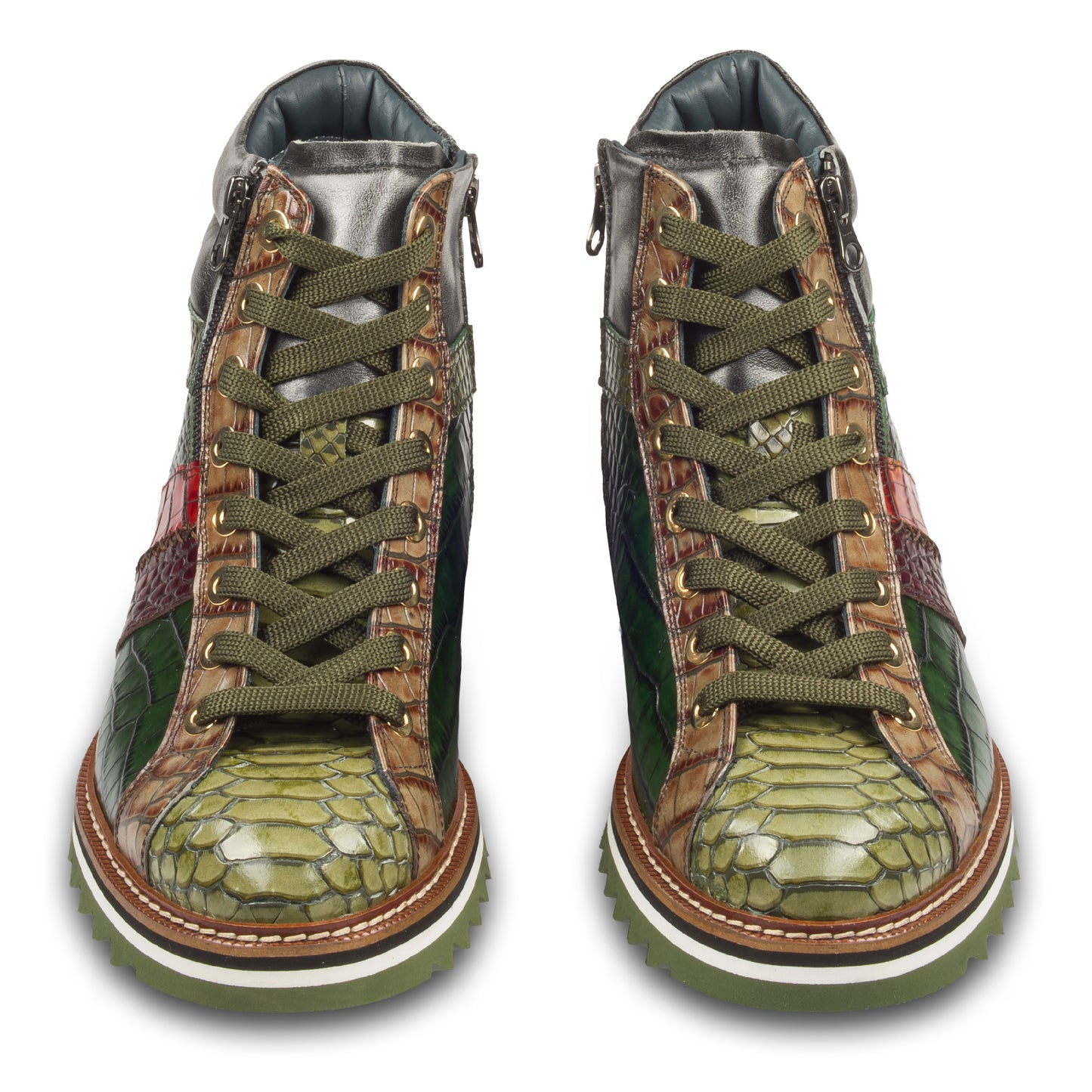 Lorenzi Italienische Herren Leder-Sneaker Stiefel in grün mit Kroko-Prägung und Reißverschluß. Handgefertigt. Paarweise Ansicht Außenseite von vorne