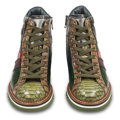 Lorenzi Italienische Herren Leder-Sneaker Stiefel in grün mit Kroko-Prägung und Reißverschluß. Handgefertigt. Paarweise Ansicht Außenseite von vorne