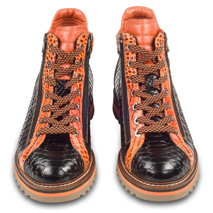 LORENZI Sneaker Stiefel Herren schwarz/orange. Kalbsleder mit Krokoprägung. Mit Reißverschluß. Handgefertigt / durchgenäht in Italien. Paarweise Ansicht von vorne