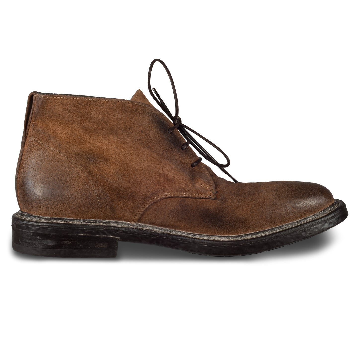 MOMA Italienische Herren Leder Schnürstiefelette / Chukka-Boots in braunem Wildleder, Vintage-Finish. Ansicht Innenseite linker Schuh
