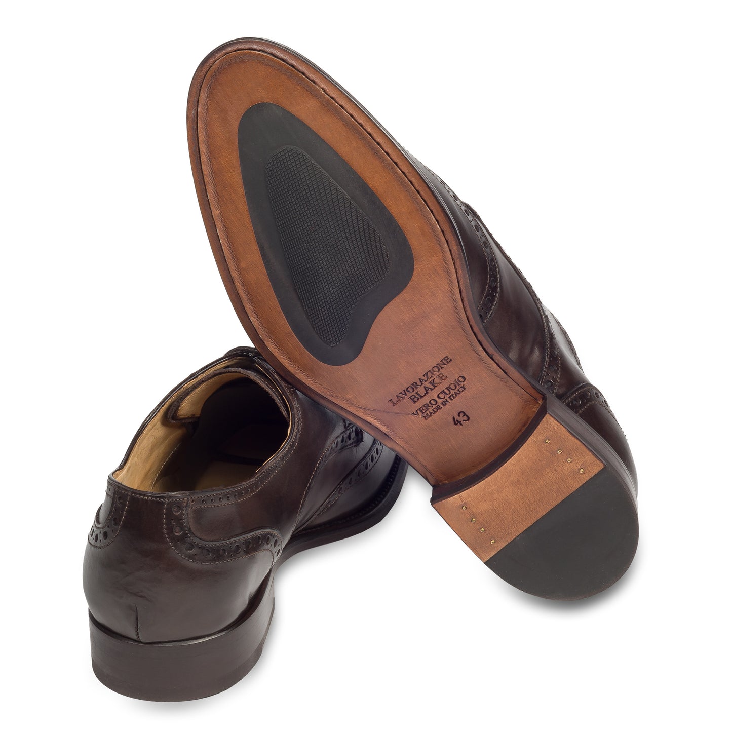 BRECOS Anzugschuhe | Full-Brogue Derby Budapester-Stil dunkelbraun, Kalbsleder. Ansicht Ferse und Sohle