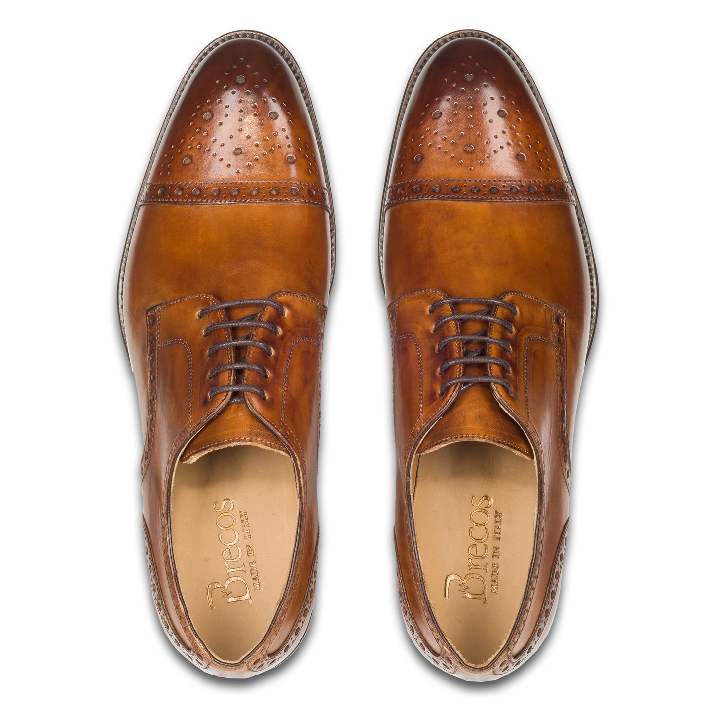 BRECOS Anzugschuhe | Half-Brogue Derby cognac braun, Kalbsleder. Ansicht paarweise Draufsicht