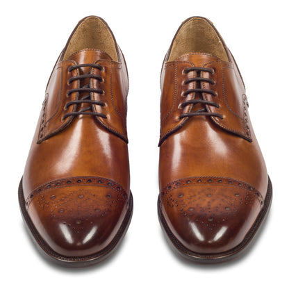 BRECOS Anzugschuhe | Half-Brogue Derby cognac braun, Kalbsleder. Ansicht paarweise von vorne