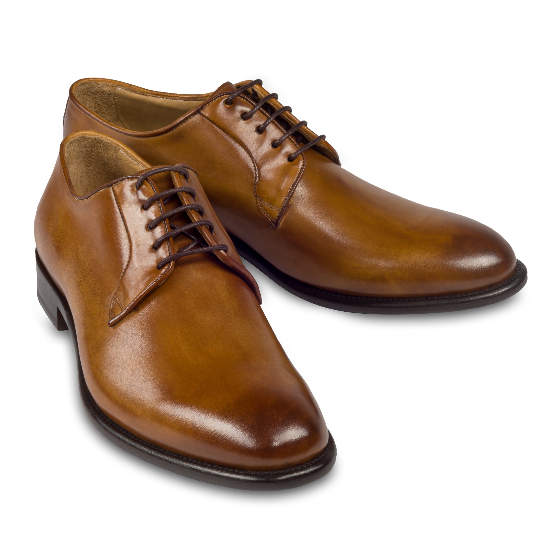 Brecos - Durchgenähter Plain Derby cognac braun, paarweise mit seitlicher Draufsicht
