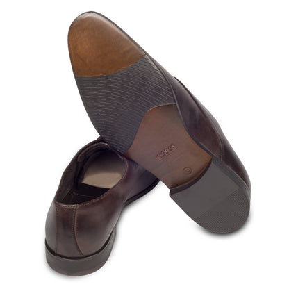 Nicola Benson | Leder Schnürer Plain Derby dunkelbraun, handgefertigt. Ansicht Ferse und Sohle