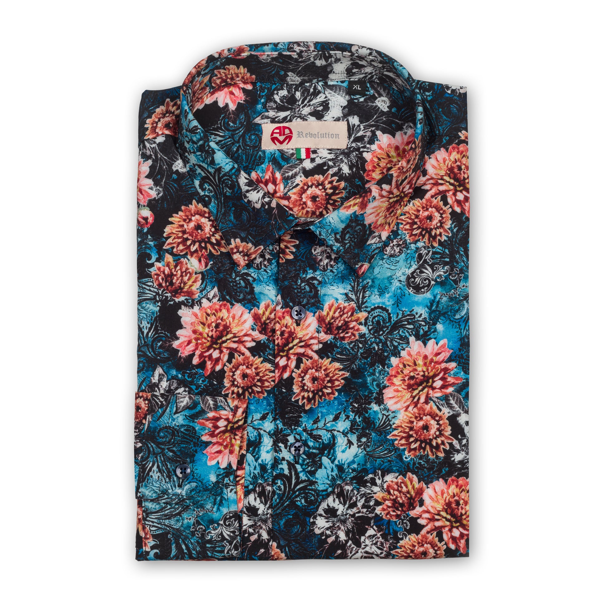 Adamus - Italienisches Herren-Hemd in floralem Print in blau/rot, Viscose, Modern Fit. Ansicht gefaltetes Hemd.