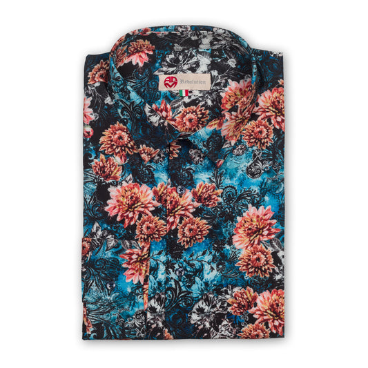 Adamus - Italienisches Herren-Hemd in floralem Print in blau/rot, Viscose, Modern Fit. Ansicht gefaltetes Hemd.