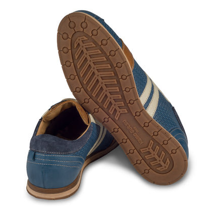 KAMO-GUTSU Herren Sneaker, blau mit braun und creme-weiß, (TIFO-030 royal). Ansicht der Ferse und Sohlenunterseite. Bei Sisento.