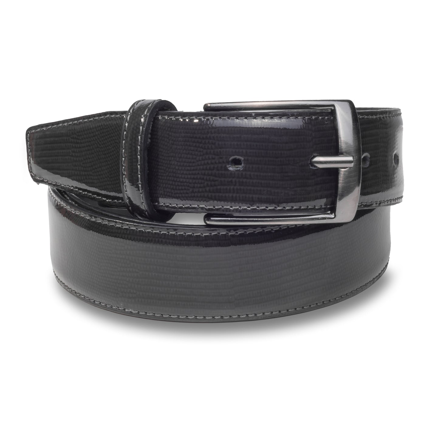 Lack-Ledergürtel grau mit schwarz 3,3 cm breit, silber mattierte Dornschließe