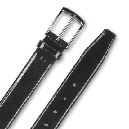 Lack-Ledergürtel grau mit schwarz 3,3 cm breit